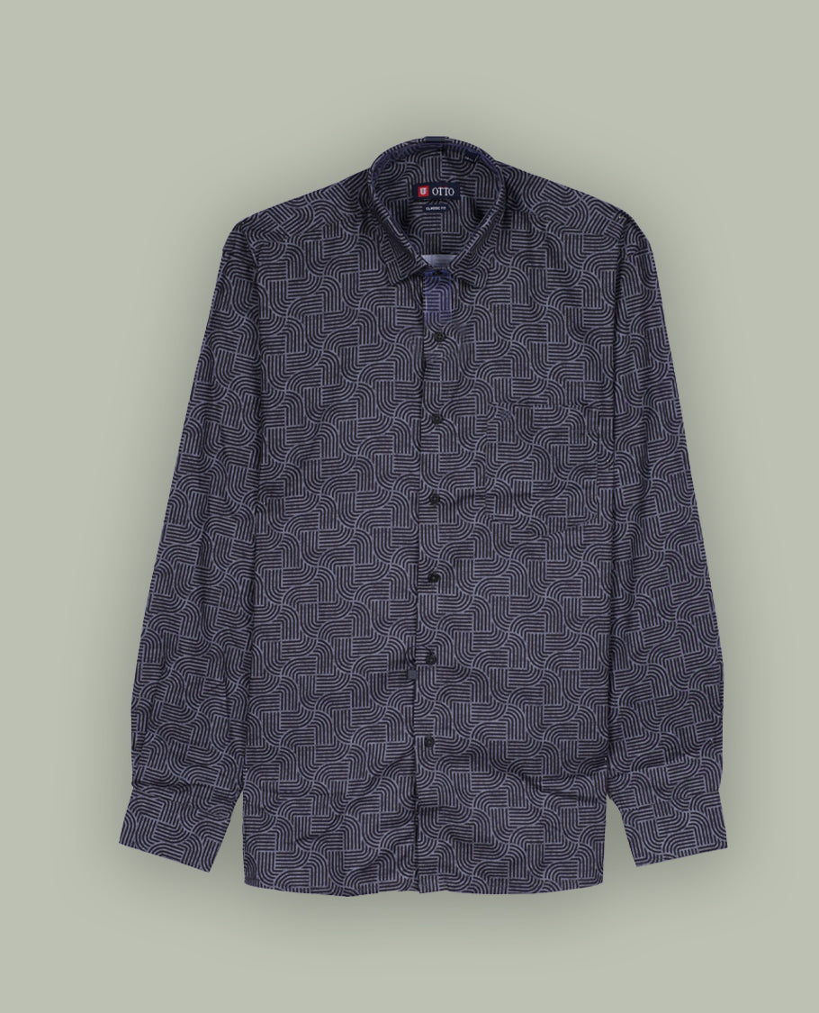 Grey colour shirt with a geometric pattern, featuring a classic spread collar and full sleeves, Made from premium fabric for comfort and durability.