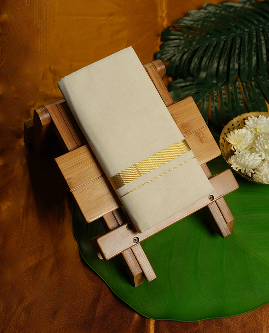 Cream Colour Pure Cotton double Dhoti with Gold Colour simple Border for Men