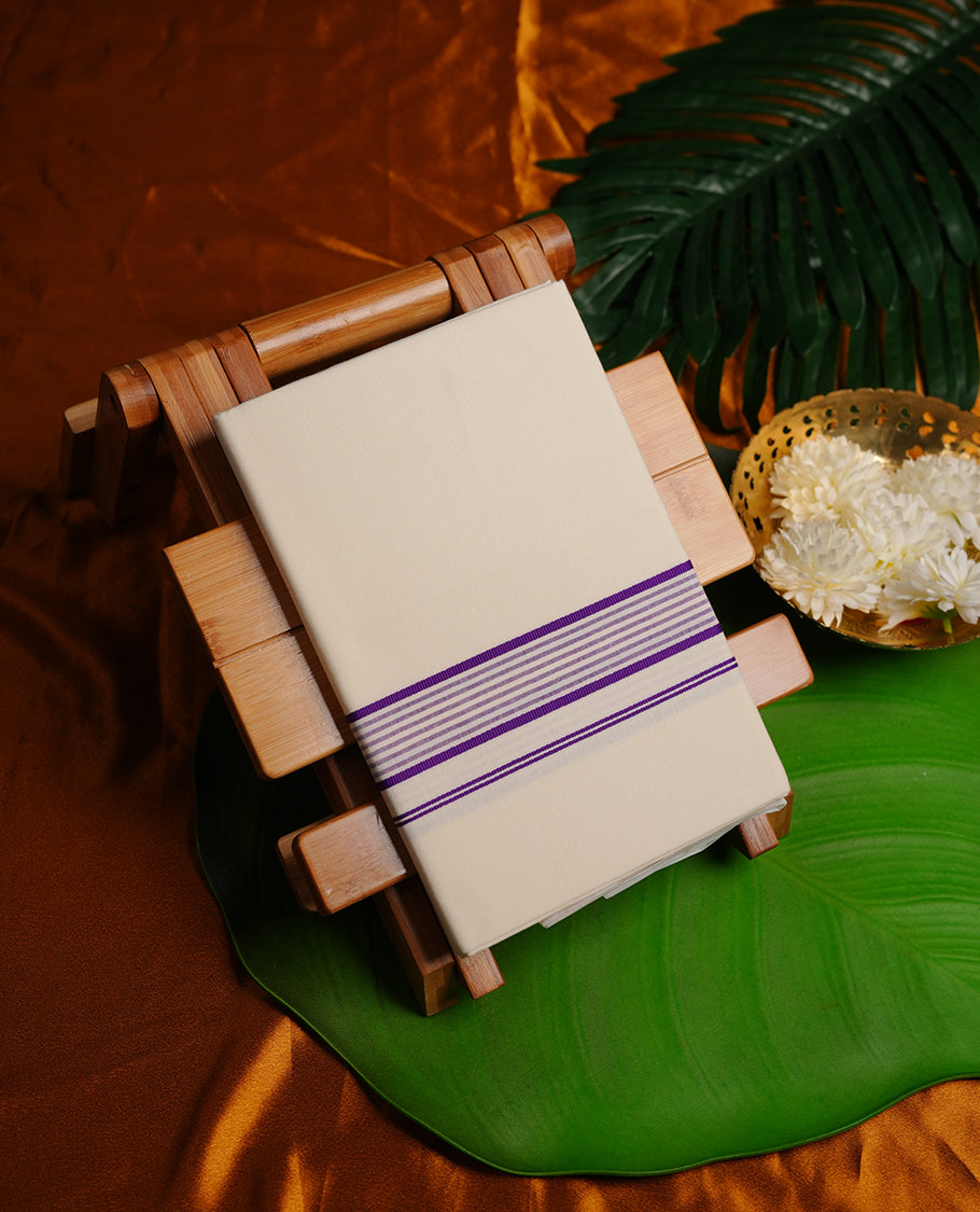 Cream colour RAMRAJ cotton single dhoti featuring purple colour simple border