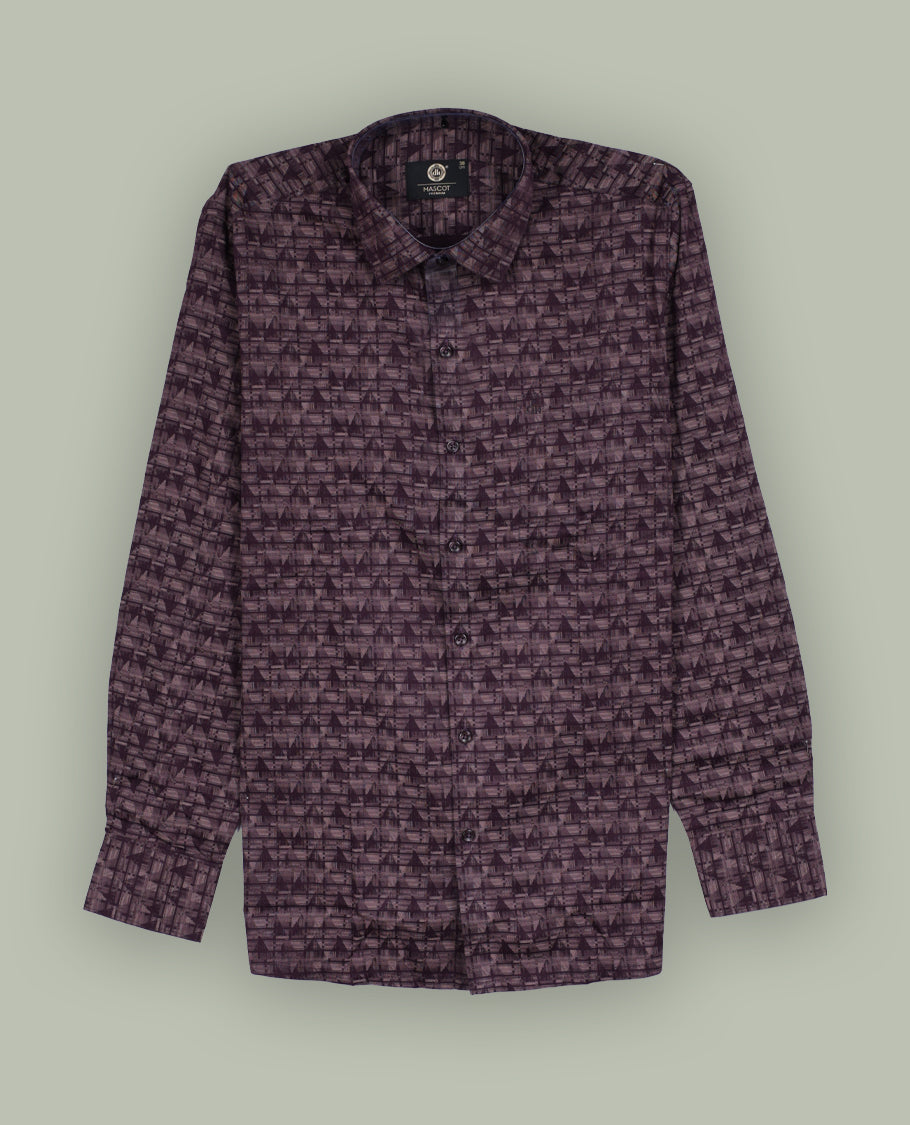 Wine colour geometric print shirt with a classic spread collar and full sleeves, Crafted from a premium cotton blend, it offers comfort and elegance.