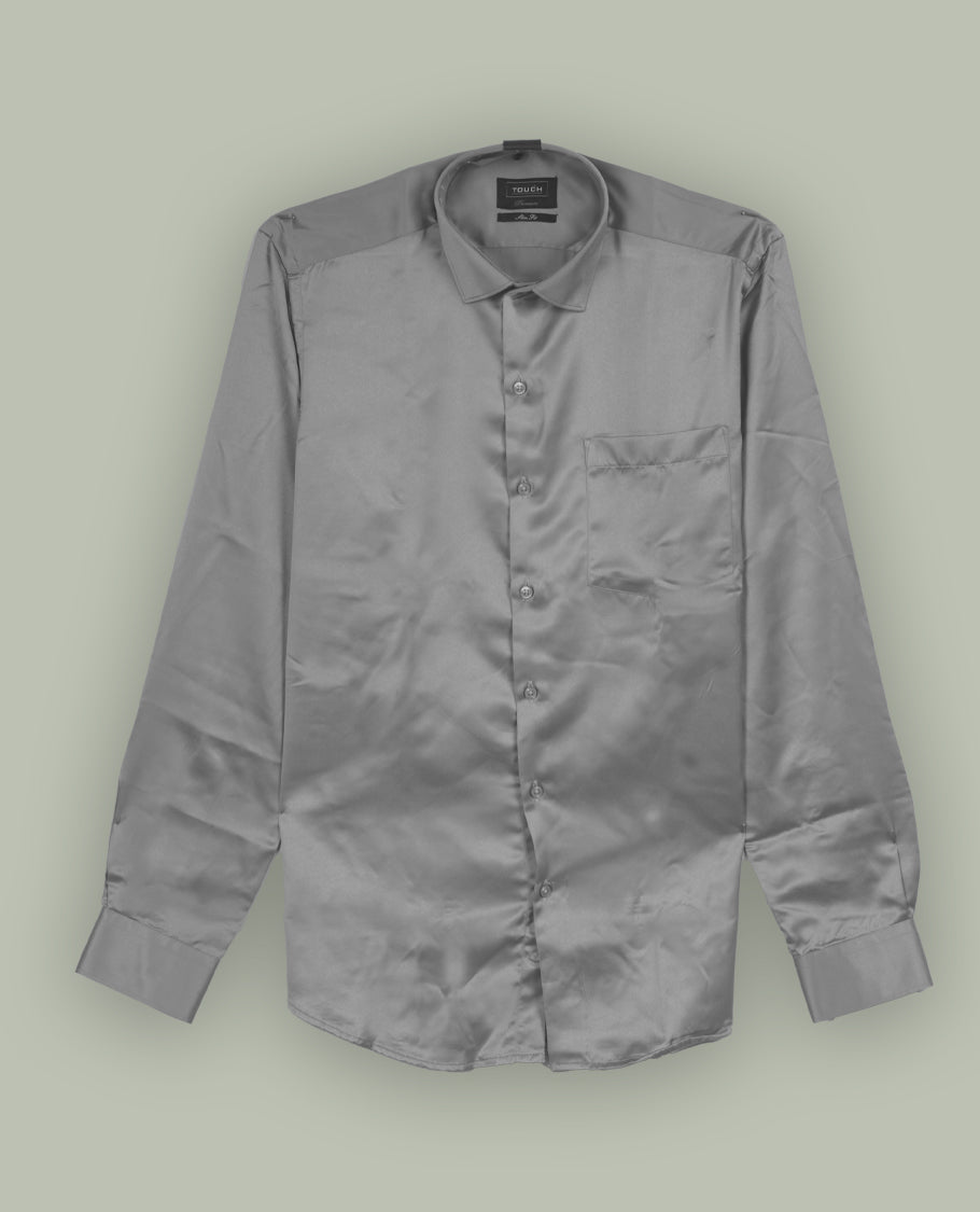 Pastel grey colour satin shirt with a smooth, lustrous finish, Features a classic collar, full sleeves with cuffs, and a front pocket & Perfect for evening wear or special occasions with a sleek, polished look.