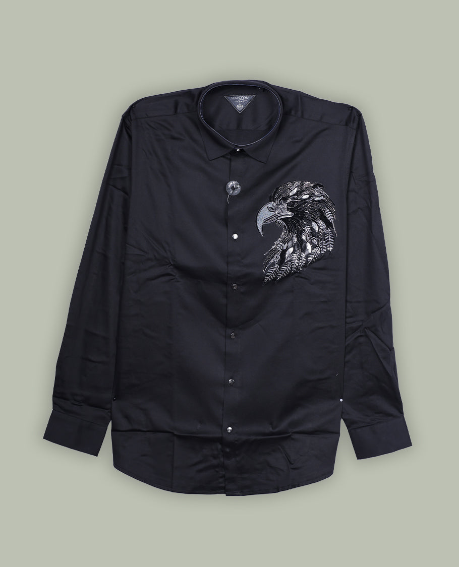 Black colour shirt featuring a bold embroidered eagle motif on the chest, designed with a classic shirt collar, full-length sleeves
