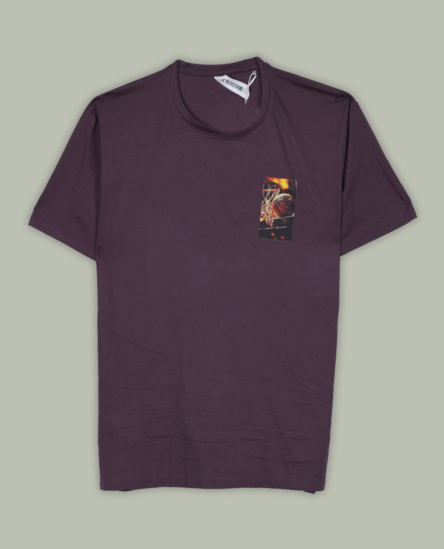 Deep purple colour T shirt featuring graphic print colour on the left & back , designed with a classic round neck and short sleeves & it offers a stylish and comfortable everyday look.