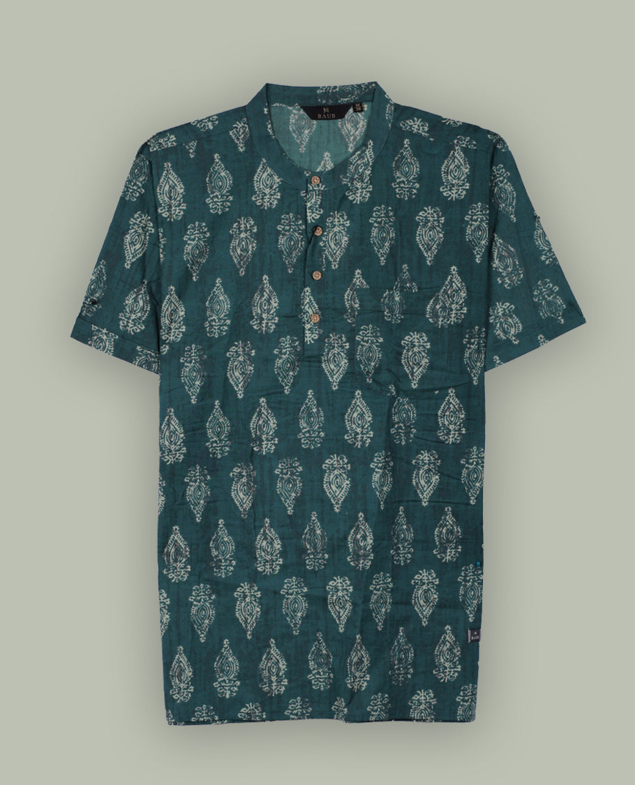 Teal colour shirt featuring traditional off white handblock motifs all over & Styled with a chinese collar, short sleeves, and stylish buttons.