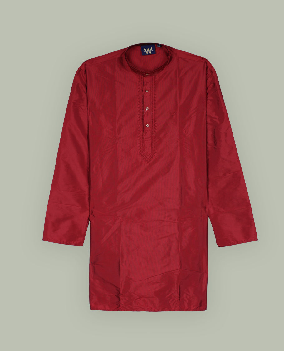 Rich maroon colour mens kurta featuring elegant embroidery on the neckline & Crafted in a refined style with full sleeves, offering a perfect blend of tradition.