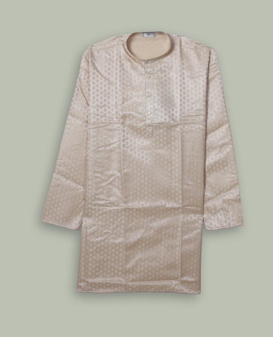 Cream colour mens kurta featuring elegant self colour embroidery across body & Crafted in a refined style with full sleeves, offering a perfect blend of tradition.