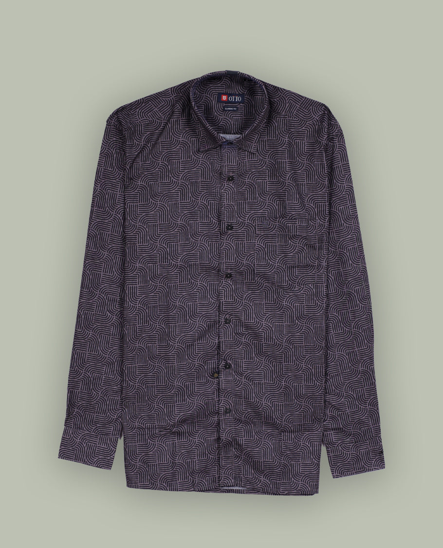 Dark purple colour shirt with a geometric pattern, featuring a classic spread collar and full sleeves, Made from premium fabric for comfort and durability.