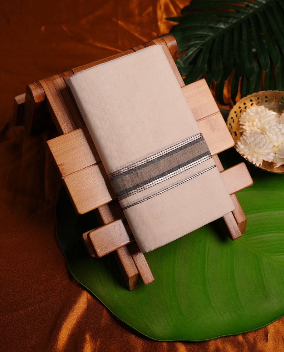 Cream colour cotton double dhoti featuring grey colour border with silver zari border