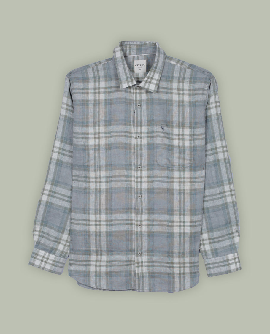 Blue & Green colour checked cotton shirt featuring soft white highlights, a classic collar, and full sleeves, Perfect for a smart-casual look that balances comfort and timeless style.