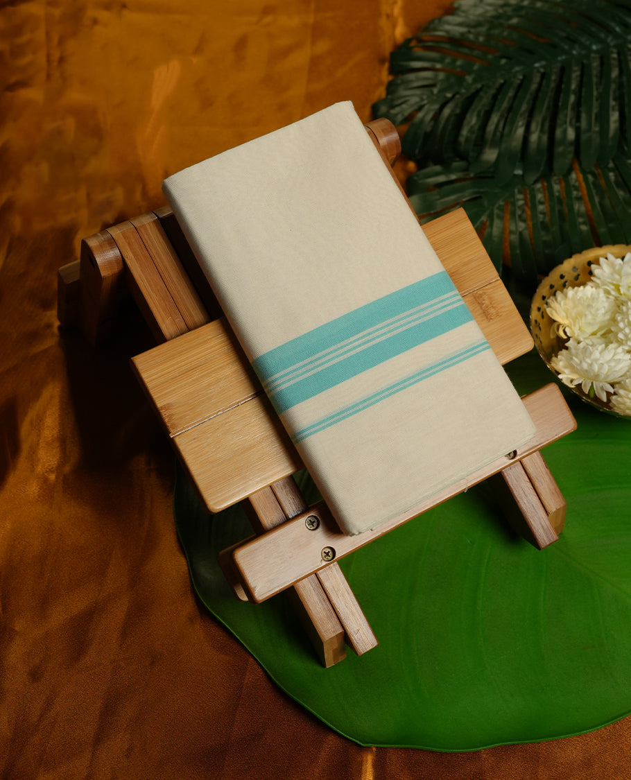 Cream Colour Pure Cotton double Dhoti with Aqua green Colour Border for Men