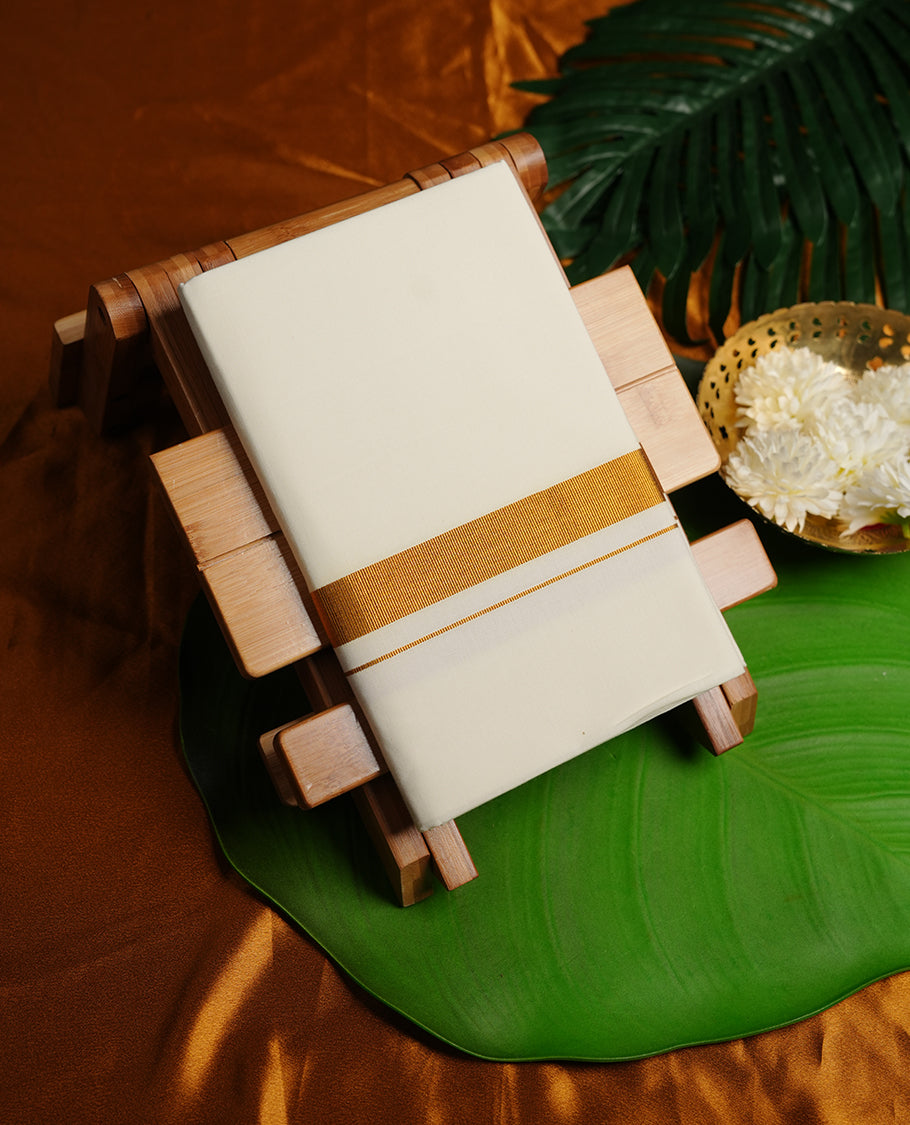 Cream colour RAMRAJ cotton single dhoti featuring gold kasavu zari border