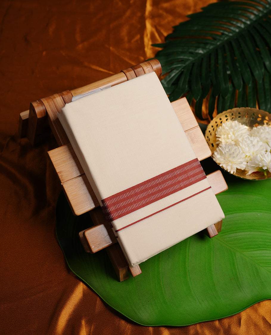 Cream colour cotton double dhoti featuring brown colour border