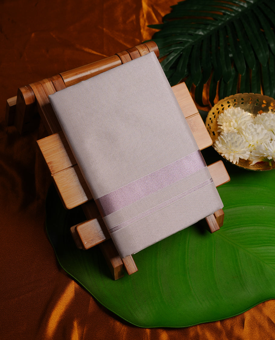 light rose colour MINISTER WHITE tissue double dhoti featuring light rose silver kasavu zari border