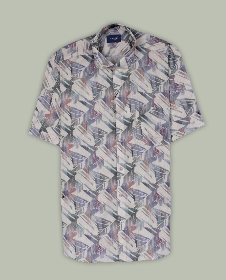Off white colour shirt with multicolour geometric prints, featuring short sleeves and a classic collar, A stylish and lightweight pick, perfect for casual outings and summer wear.