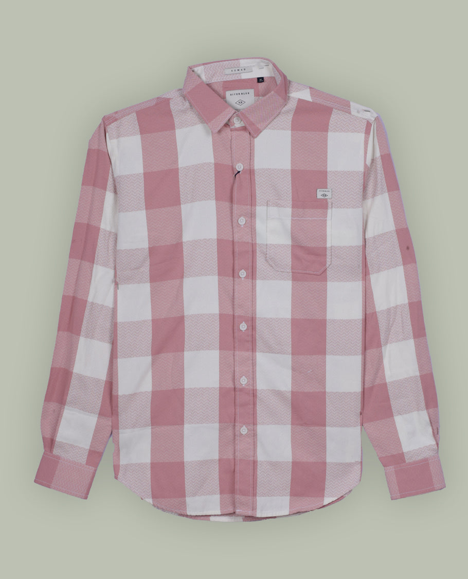 Light pink and white checked shirt crafted in soft fabric, featuring a classic collar and full sleeves, A perfect blend of charm and comfort, ideal for both casual outings and semi-formal occasions.