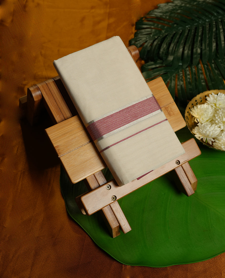 Cream Colour Pure Cotton double Dhoti with Red and silver Colour Border for Men