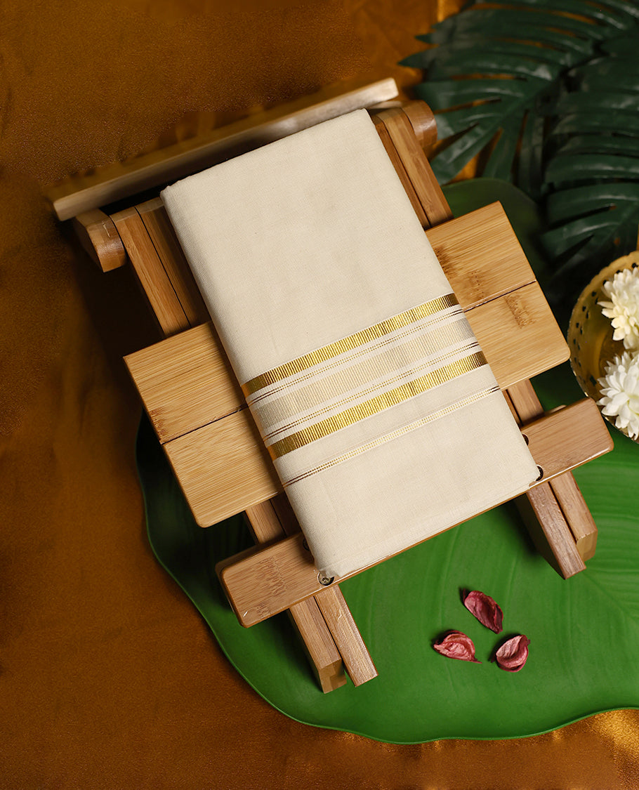 Elegant off white cotton double dhoti featuring a golden zari & white border with intricate stripe patterns and fine detailing, offering a refined and festive look perfect for traditional and cultural occasions.