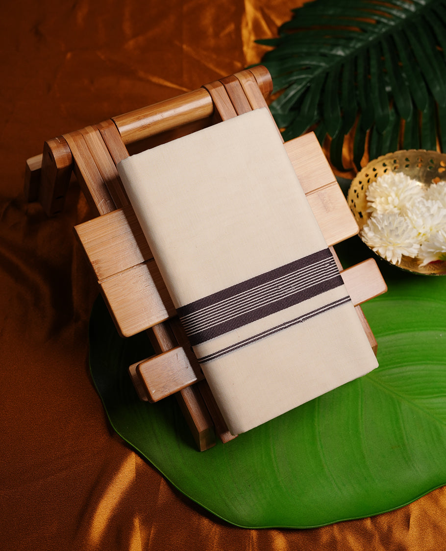 Cream colour cotton double dhoti featuring chocolate brown colour border