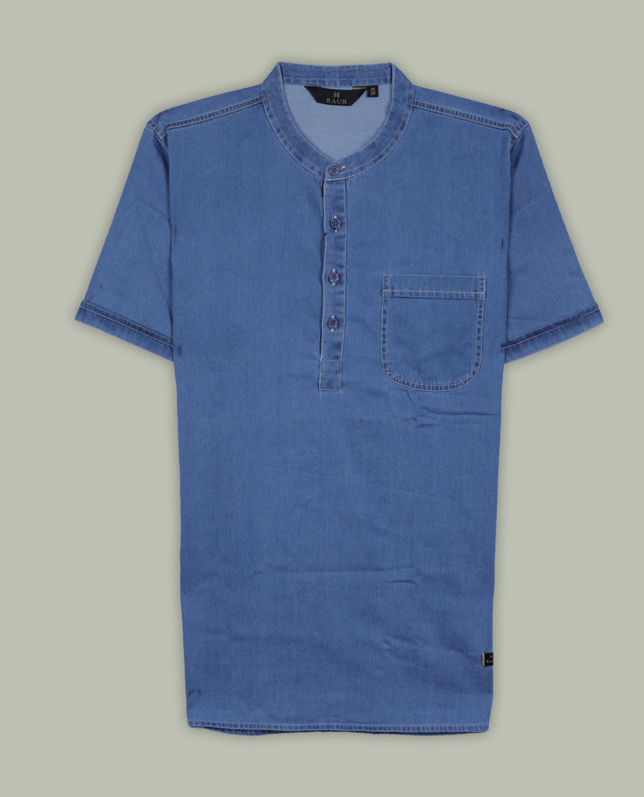 Blue colour short sleeve shirt with a clean solid design, featuring a band collar, chest pocket, and buttoned half placket, A versatile, minimal look that blends comfort and smart style for everyday wear.