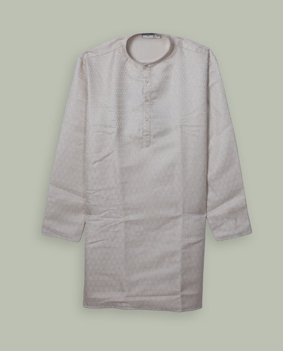 Cream colour mens kurta featuring elegant self colour & gold embroidery across body & Crafted in a refined style with full sleeves, offering a perfect blend of tradition.