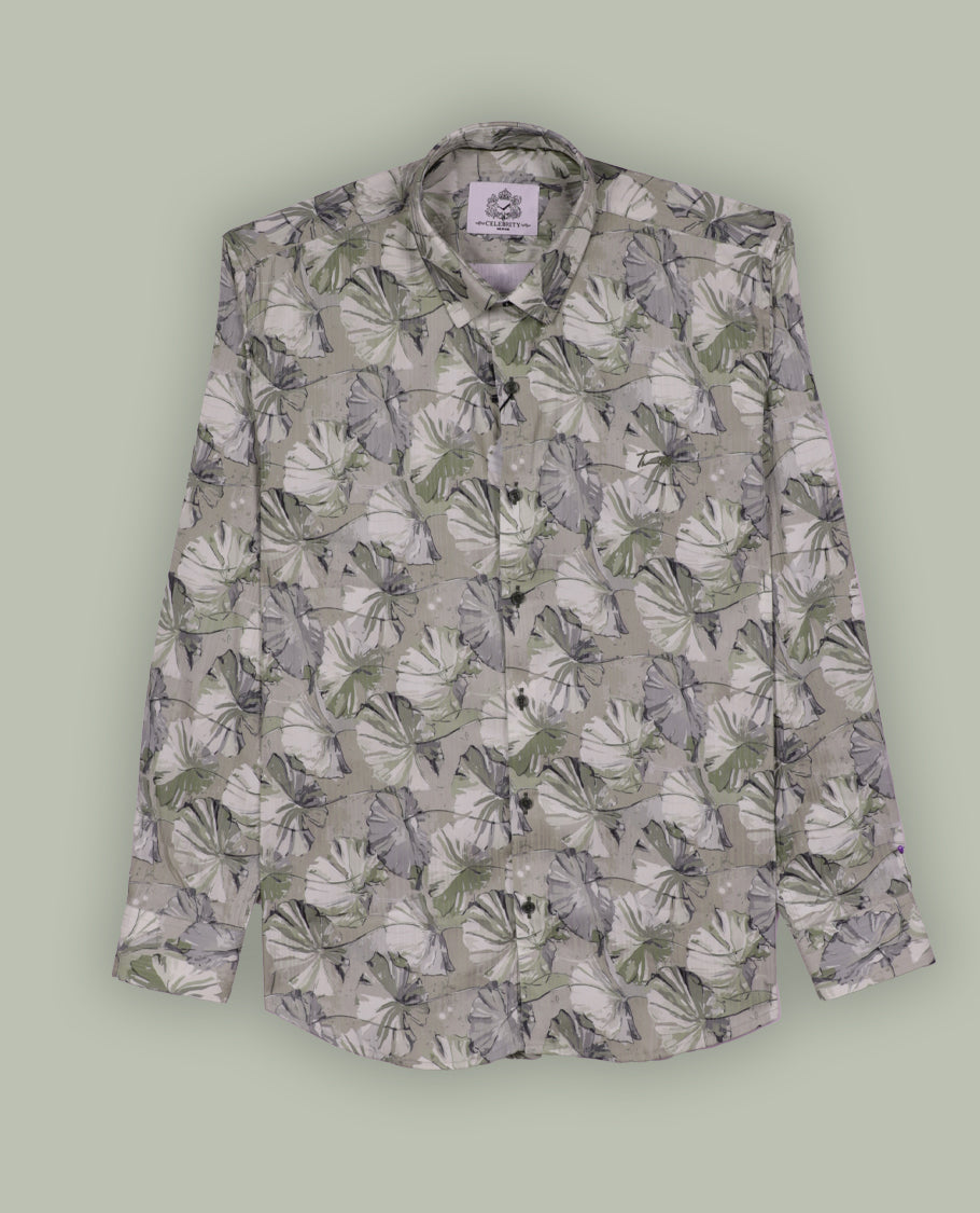Beige colour shirt adorned with soft green & cream colour floral prints, Designed with a classic collar and full sleeves, this timeless piece offers a crisp and casual look, perfect for both work and weekend wear.