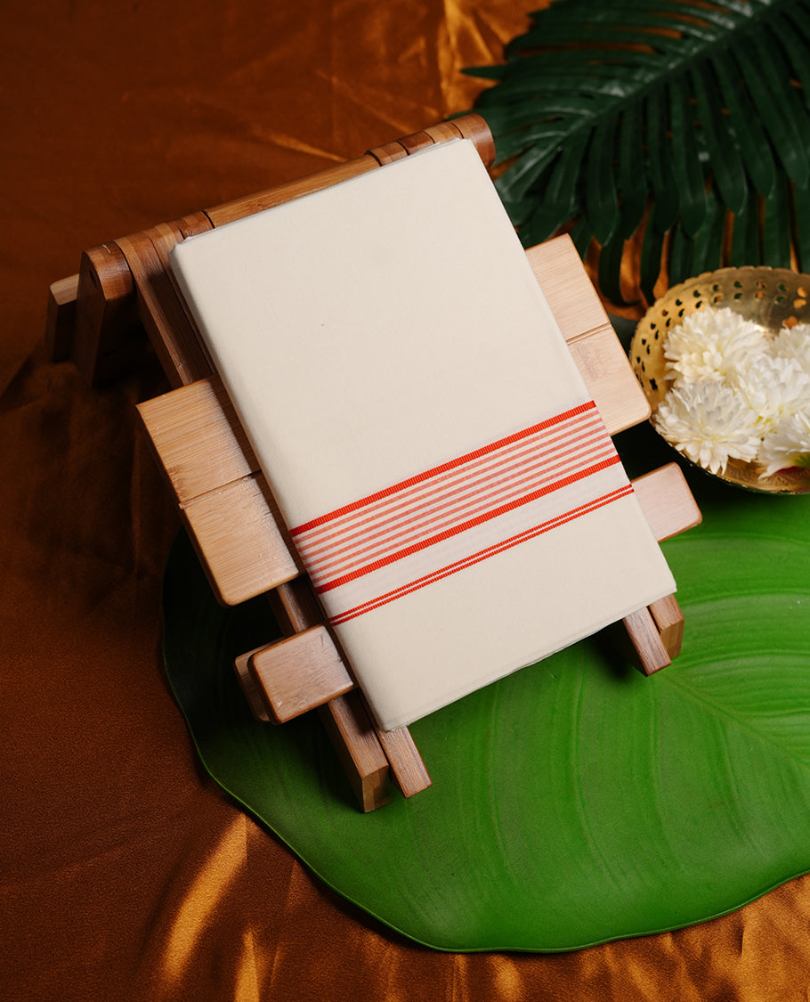 Cream colour MCR cotton single dhoti featuring orange colour simple border