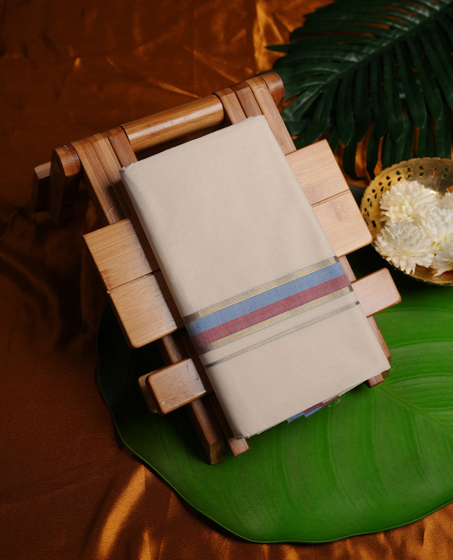 Cream colour cotton double dhoti featuring grey red and blue colour border