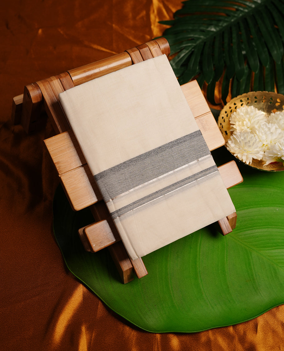Cream colour cotton double dhoti featuring grey colour border with light gold zari border