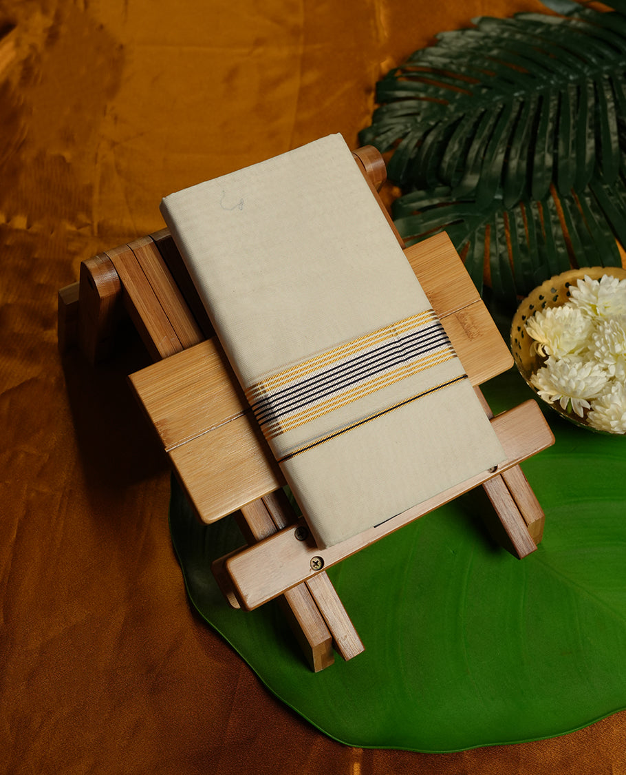 Cream Colour Pure Cotton double Dhoti with Black,silver and gold Colour Border for Men