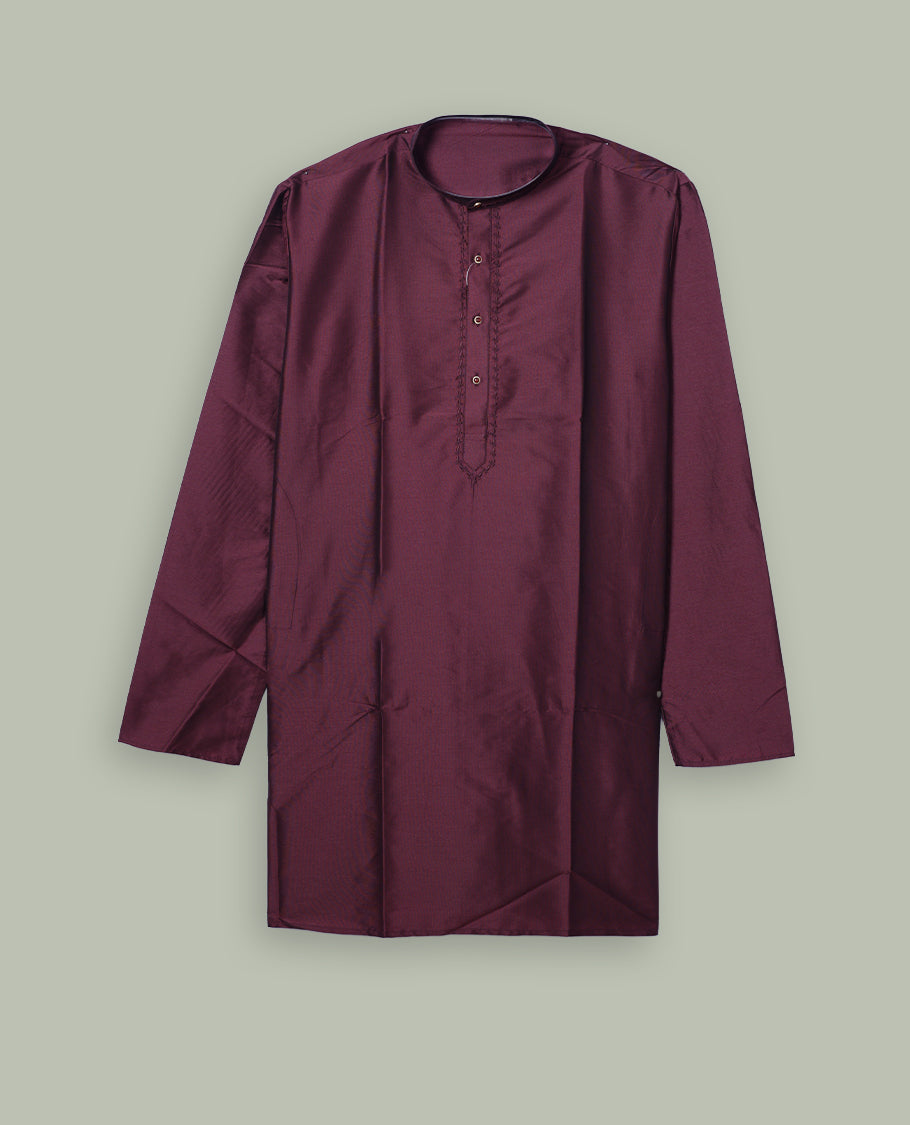 Maroon colour mens kurta featuring elegant embroidery on the neckline & Crafted in a refined style with full sleeves, offering a perfect blend of tradition.