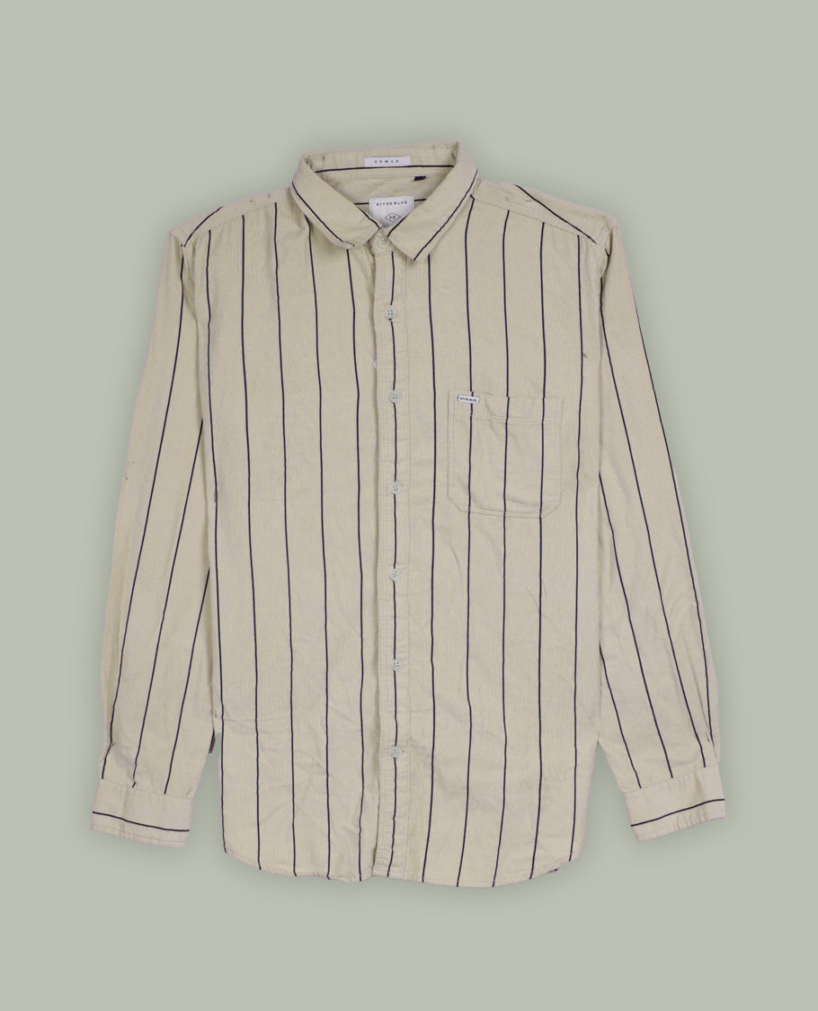 Beige colour shirt featuring sleek black vertical lines for a modern appeal, Designed with a classic collar and full sleeves, this versatile piece blends style and comfort, perfect for both formal and casual occasions.