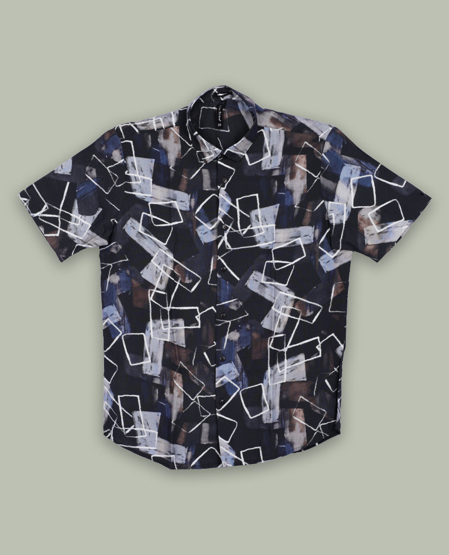 Deep green colour shirt features an abstract geometric print in white, grey, brown, and blue tones & Designed with short sleeves and a button down front,it blends contemporary style with subtle detailing.