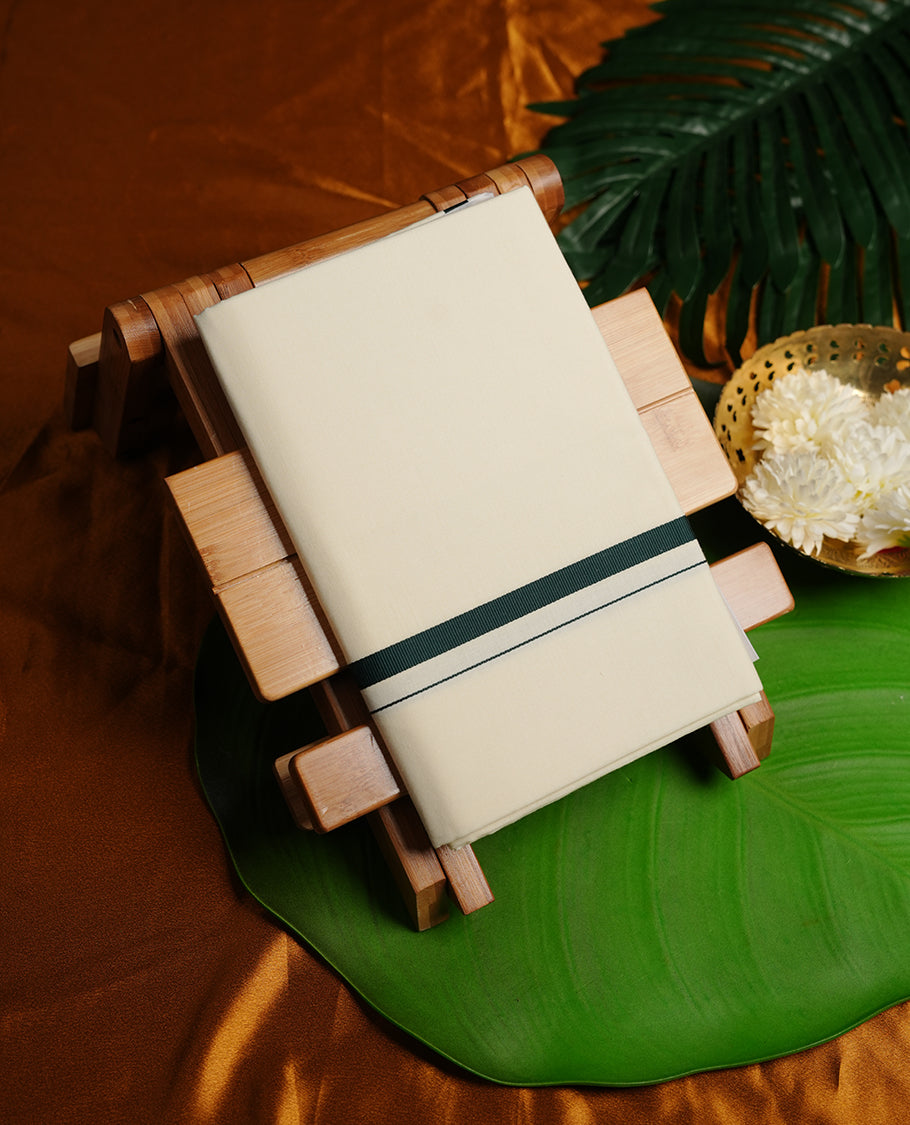 Cream colour MCR cotton single dhoti fearturing dark green colour simple border