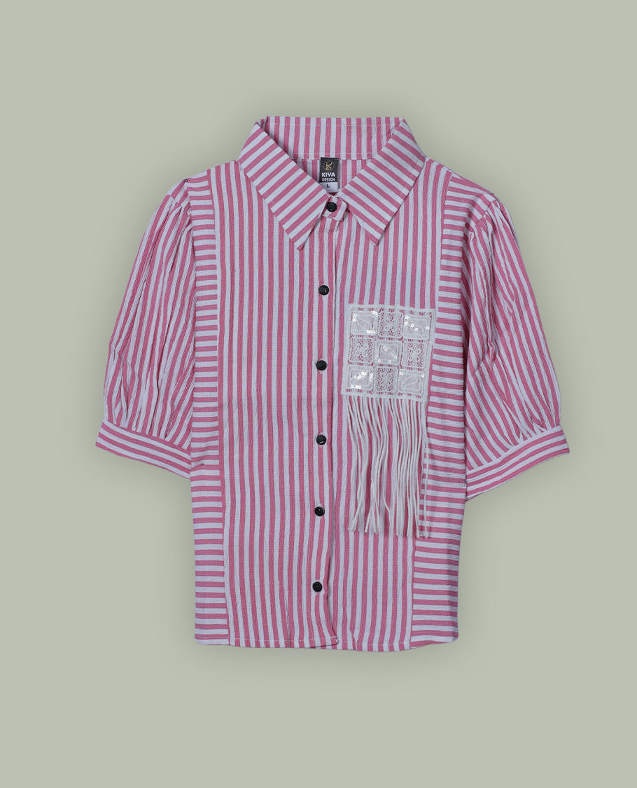 Pink & white colour shirt top with decorative front button & stripped body, thread pattern and sleeve.