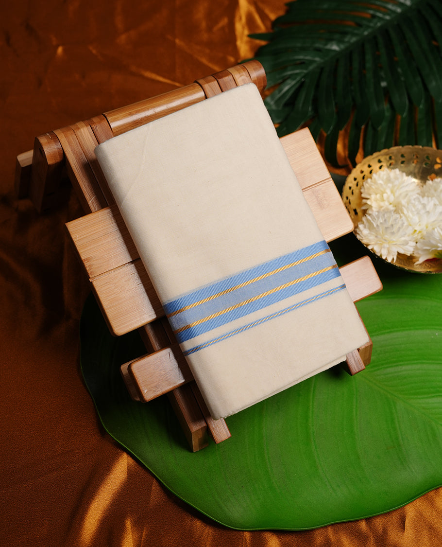 Cream colour cotton double dhoti featuring light blue colour border with gold zari border