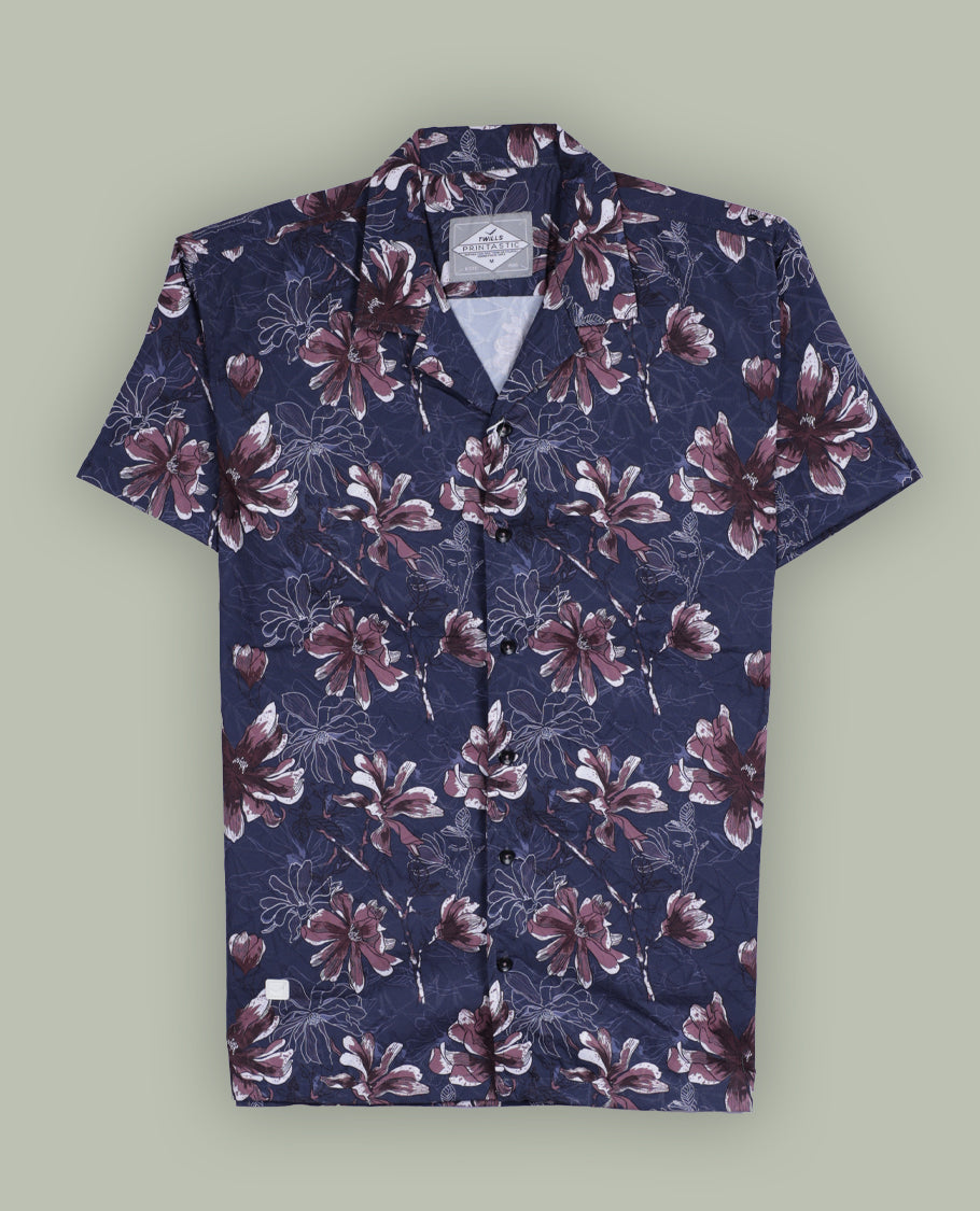Dark grey colour shirt adorned with brown and white floral prints, featuring short sleeves and a classic collar, A stylish blend of elegance and comfort, perfect for casual and semi-formal wear.