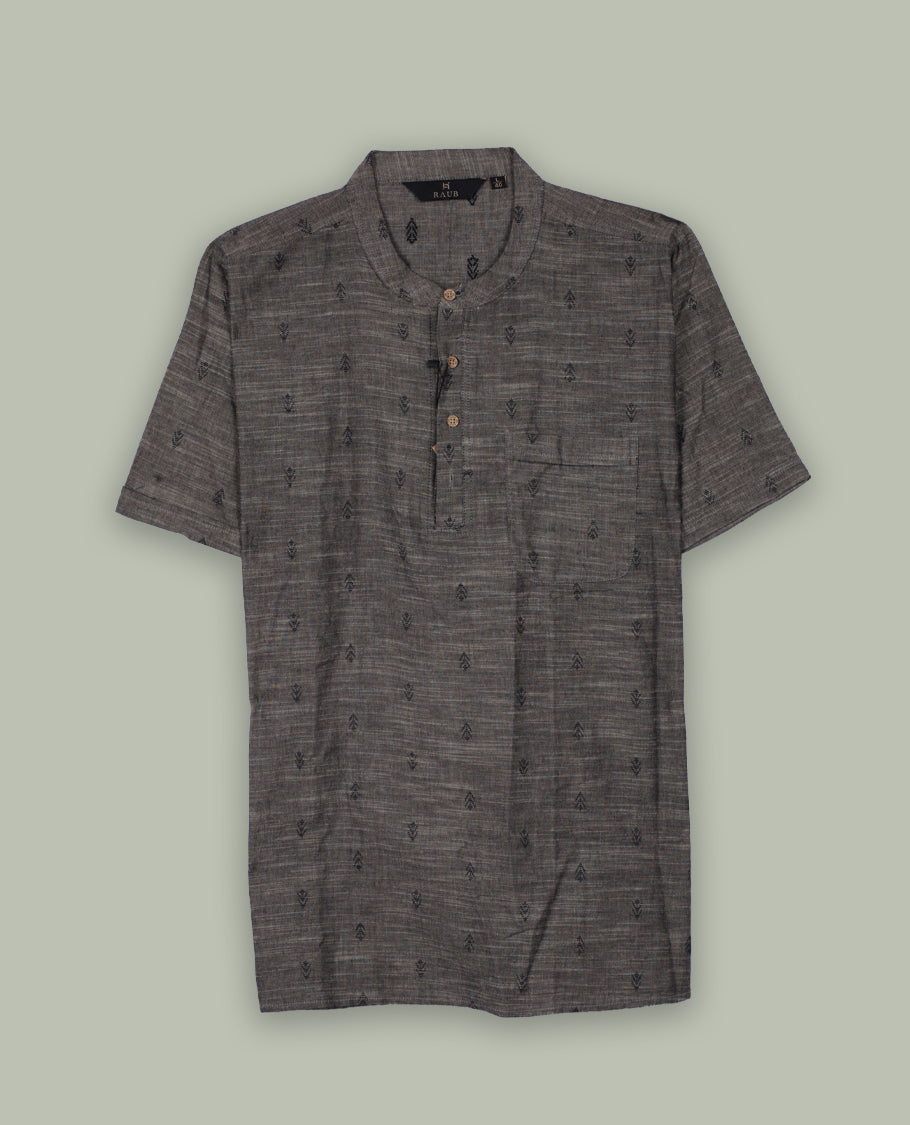 Charcoal grey colour short sleeve shirt featuring a subtle woven texture and minimalist embroidered motifs,Designed with a chinese collar , this piece offers a refined yet casual look for everyday wear.