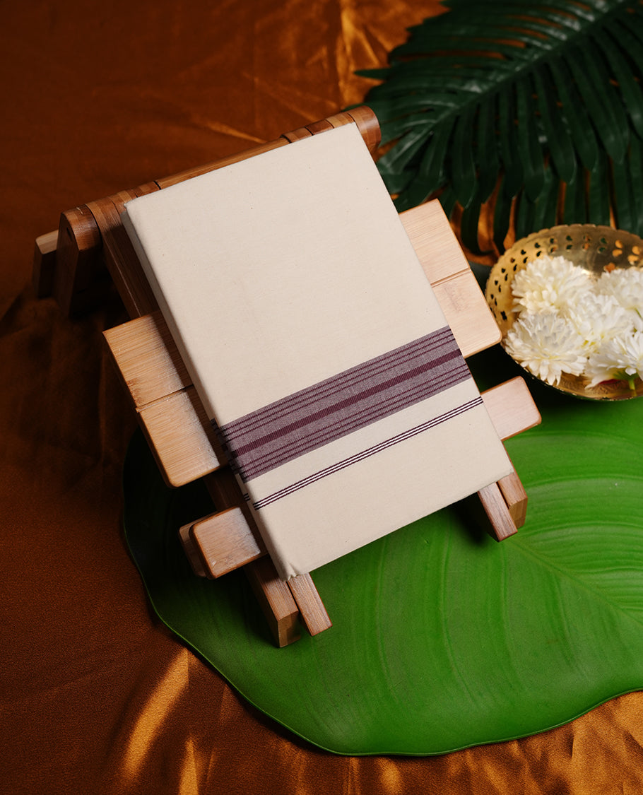 Cream colour MCR cotton single dhoti featuring grape colour border
