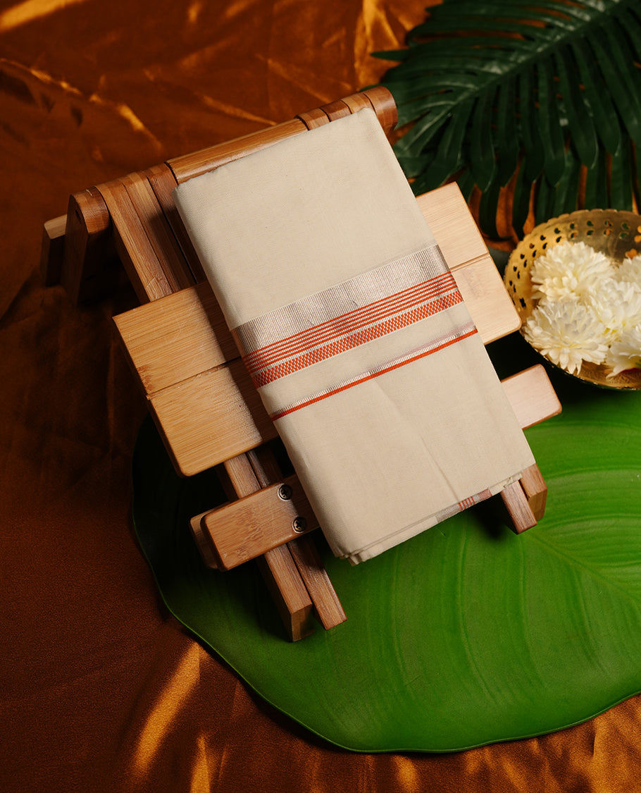 Cream colour cotton double dhoti featuring orange and silver colour zari border