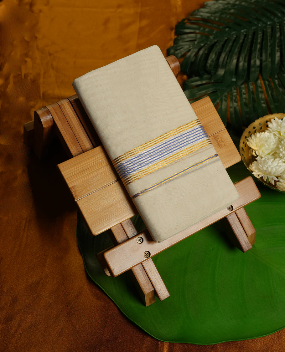 Cream Colour Pure Cotton double Dhoti with blue, rose gold and gold Colour Border for Men