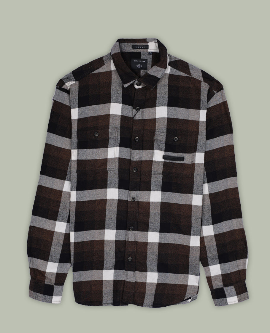 Brown, black, and white checked shirt featuring a classic collar and full sleeves, Crafted from soft fabric for comfort, its a versatile piece perfect for both casual outings and relaxed office wear.