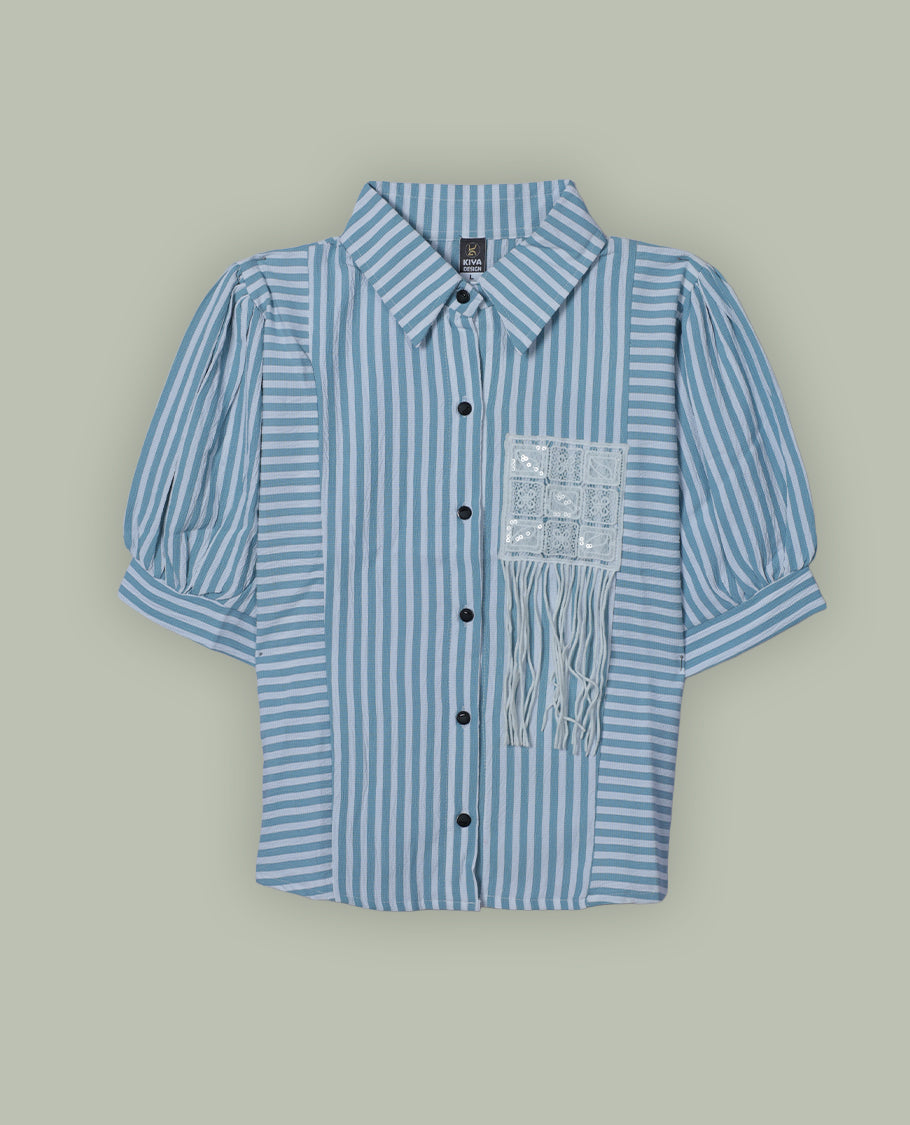 Blue & white colour shirt top with decorative front button & stripped body, thread pattern and sleeve.