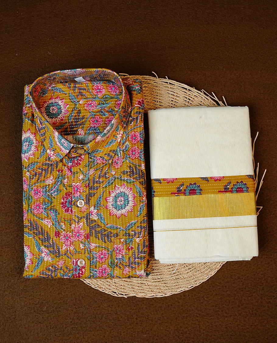 Mehendi Colour Floral Kodi Printed Full-Sleeve Shirt, Paired with a Cotton Double Dhoti Featuring Matching Prints.
