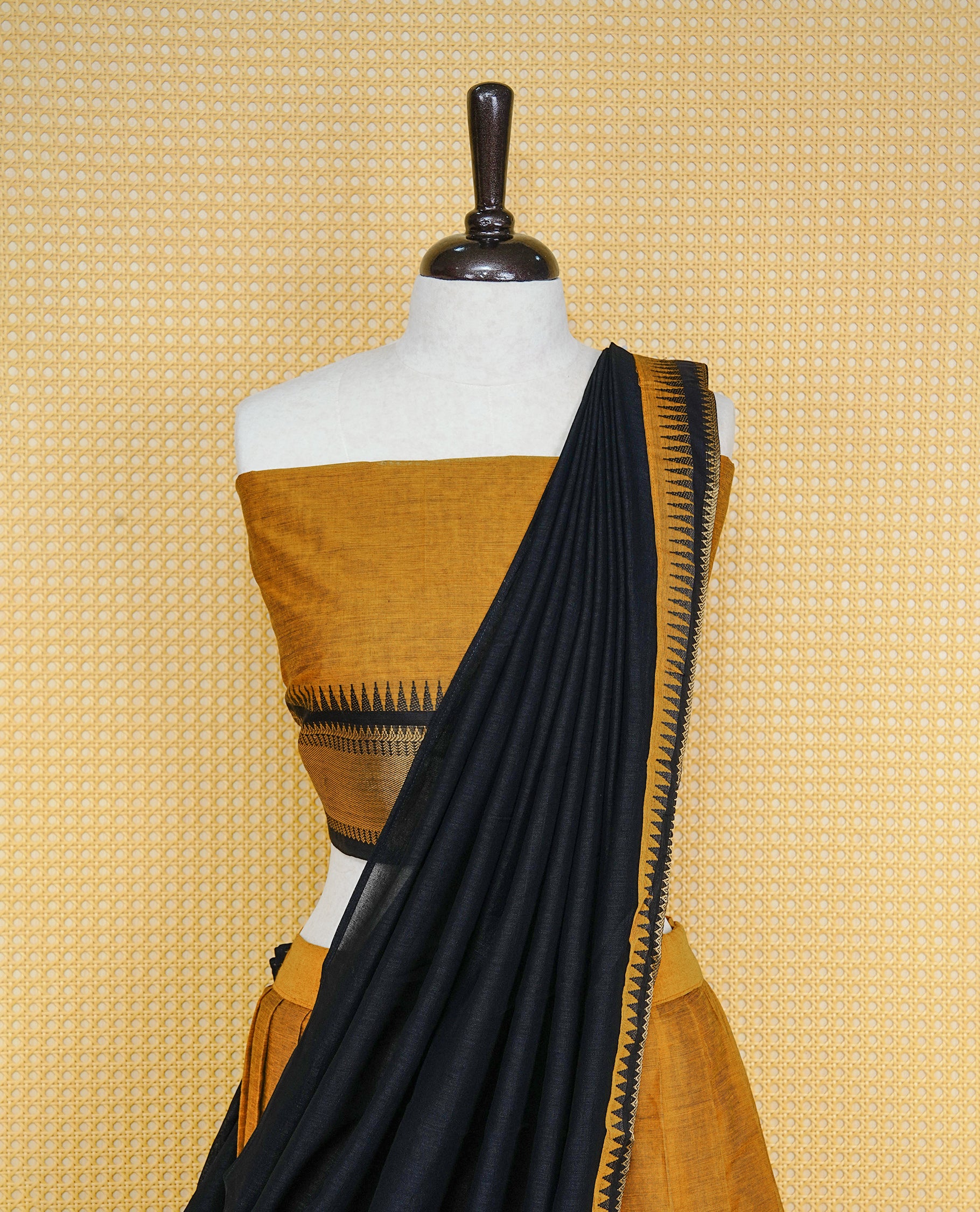 Mustard colour Semi Stitched Dhavni set Featuring Mustard Skirt With Contrast Black colour with Zari border, paired with UnStitched Blouse & Elegant Dupatta.