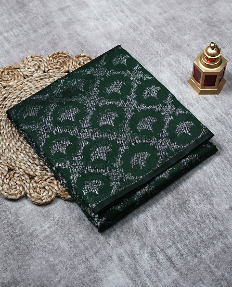 Bottle Green Colour Semi Banarasi Saree having Silver Jaal Worked Body and Blouse without Border