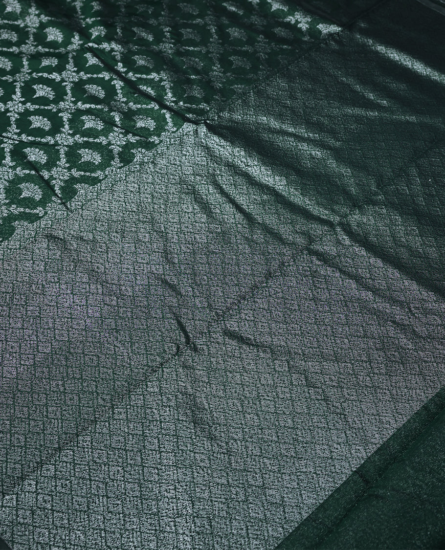 Bottle Green Colour Semi Banarasi Saree having Silver Jaal Worked Body and Blouse without Border