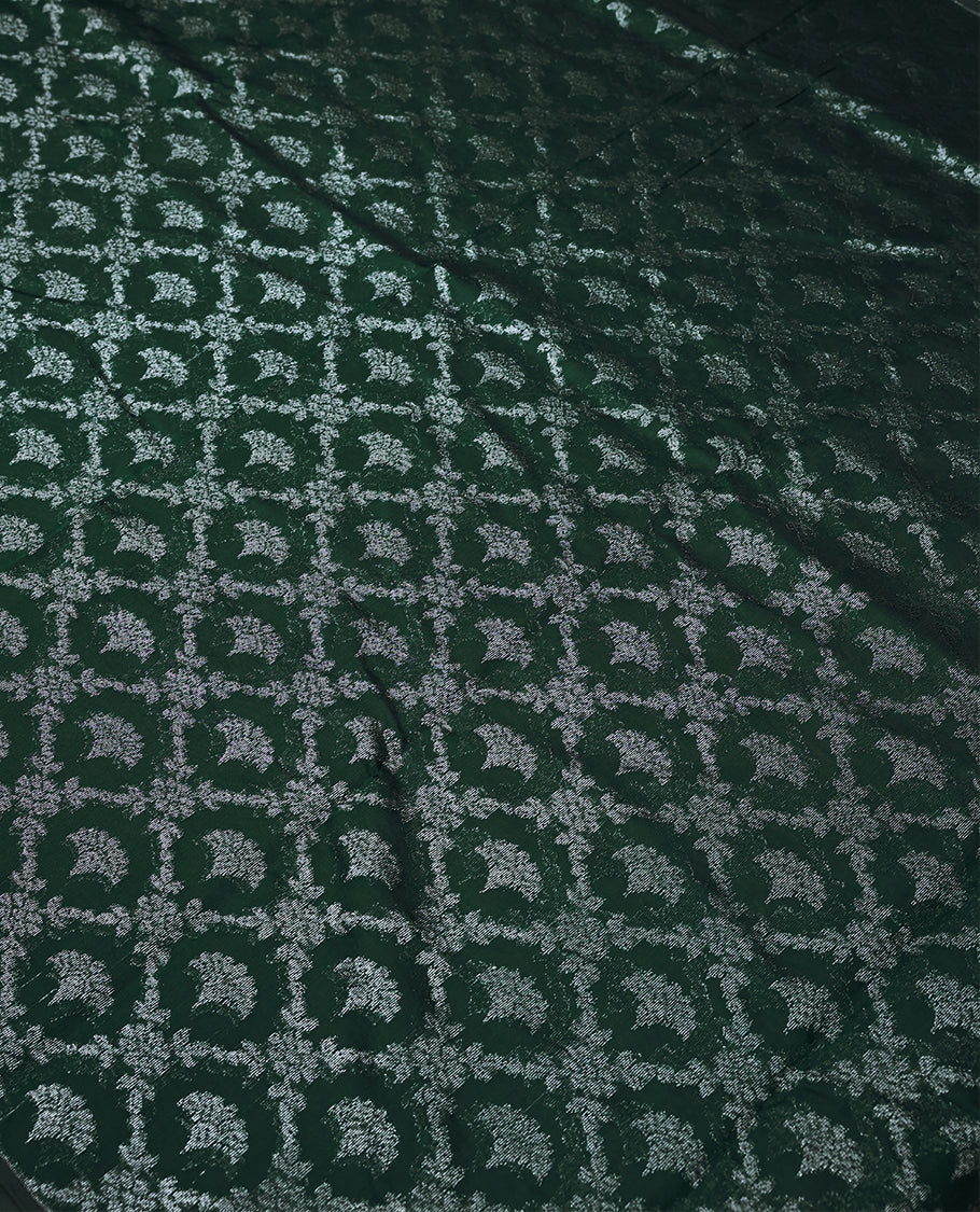 Bottle Green Colour Semi Banarasi Saree having Silver Jaal Worked Body and Blouse without Border