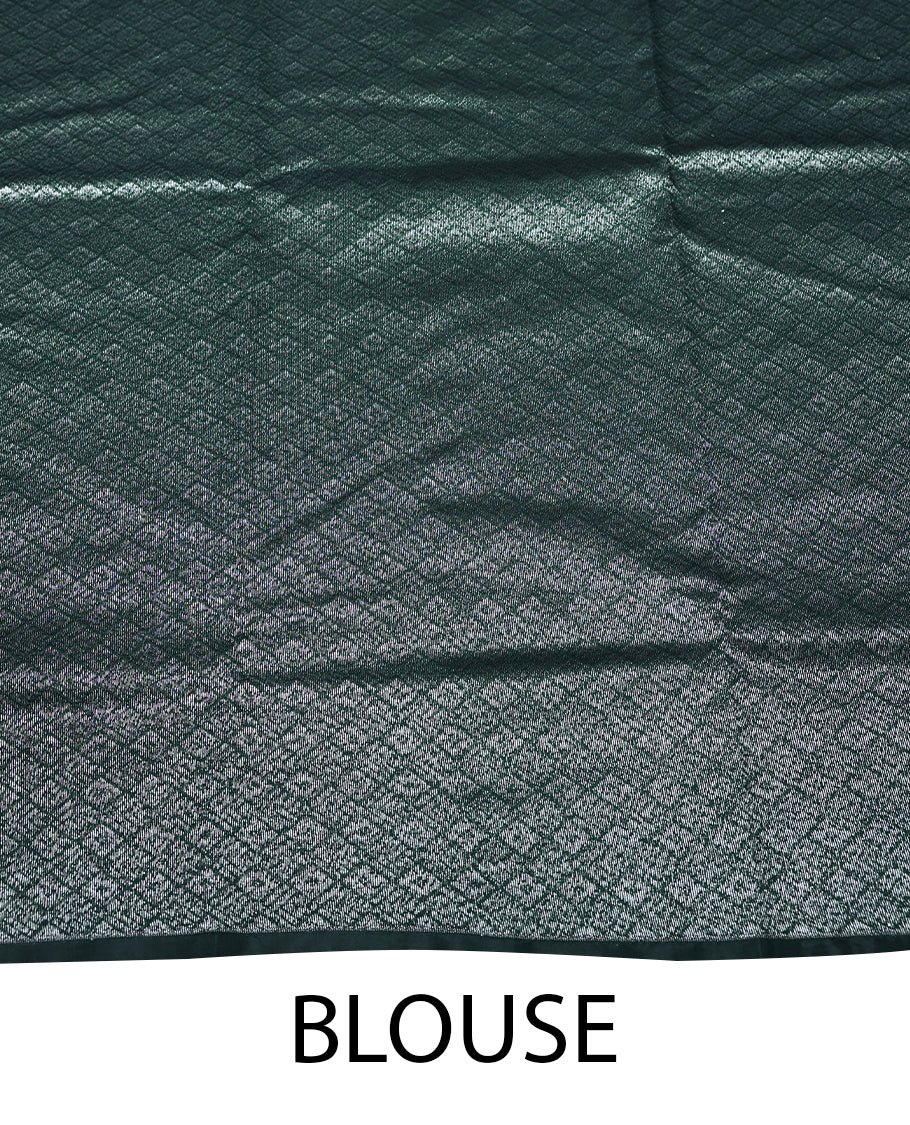 Bottle Green Colour Semi Banarasi Saree having Silver Jaal Worked Body and Blouse without Border