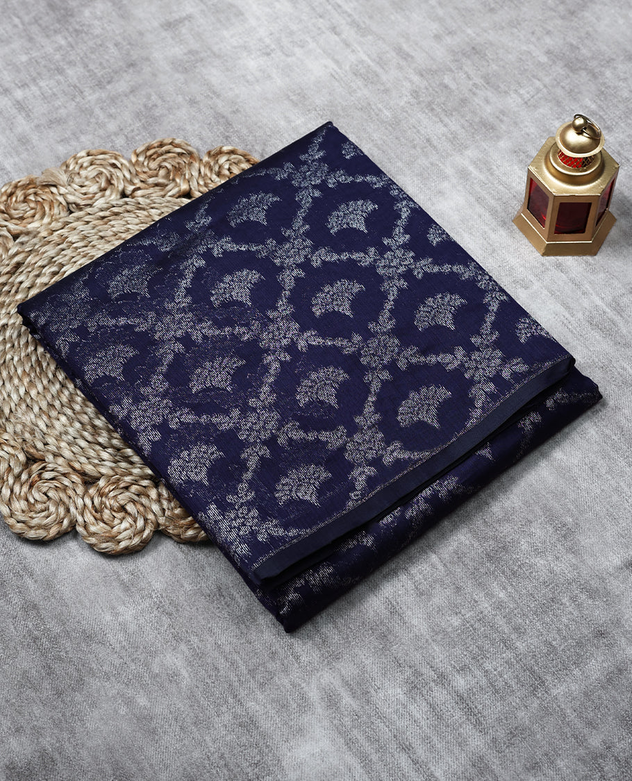 Persian Blue Colour Semi Banarasi Saree having Silver Jaal Worked Body and Blouse without Border