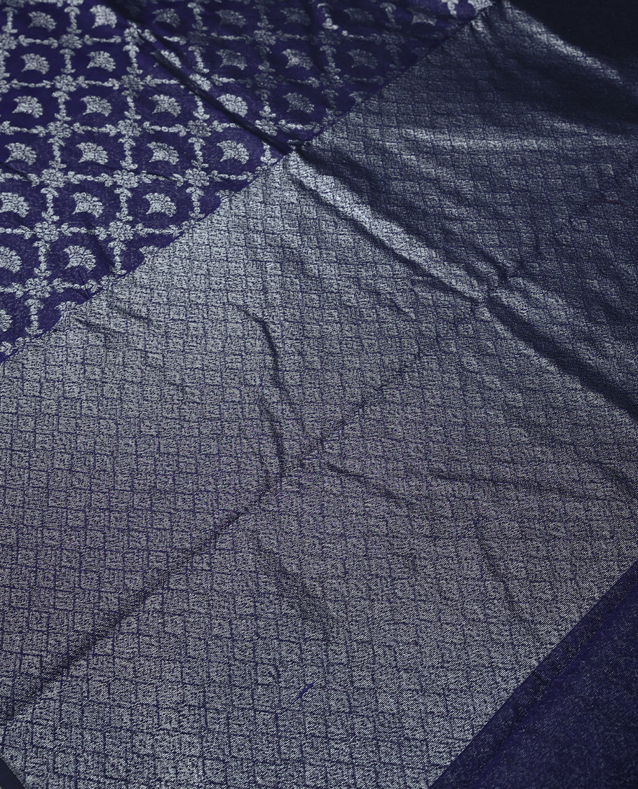 Persian Blue Colour Semi Banarasi Saree having Silver Jaal Worked Body and Blouse without Border